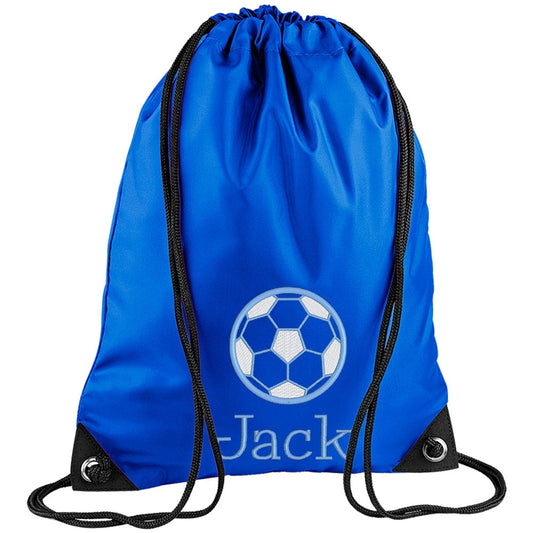 Embroidered Football Personalised PE Bag, Kit Bag Drawstring Bag