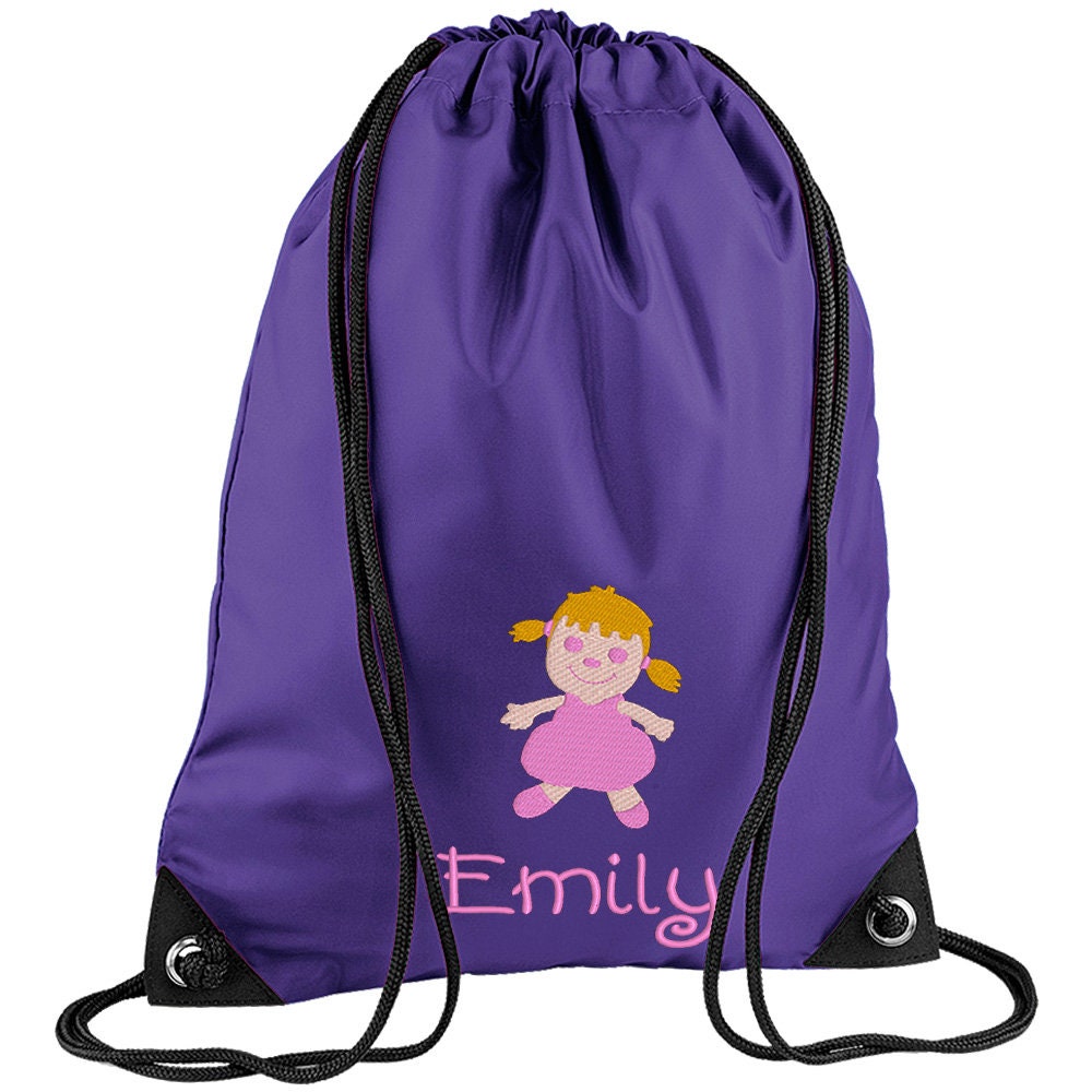 Embroidered Doll Personalised PE Bag, Kit Bag Drawstring Bag