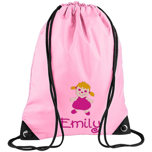 Embroidered Doll Personalised PE Bag, Kit Bag Drawstring Bag