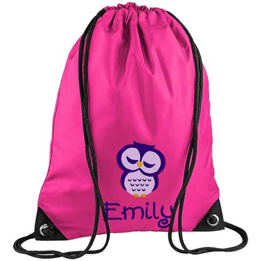 Embroidered Owl Personalised PE Bag, Kit Bag Drawstring Bag