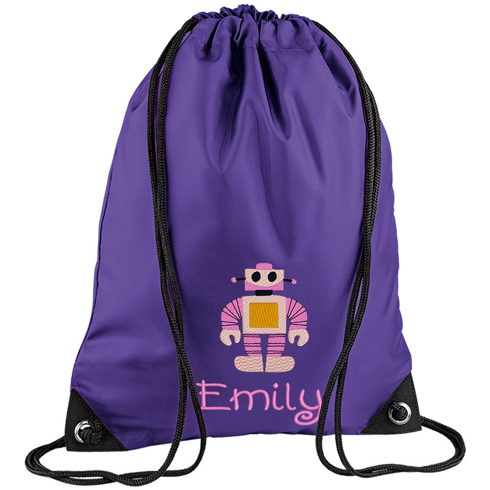 Embroidered Robot Personalised PE Bag, Kit Bag Drawstring Bag