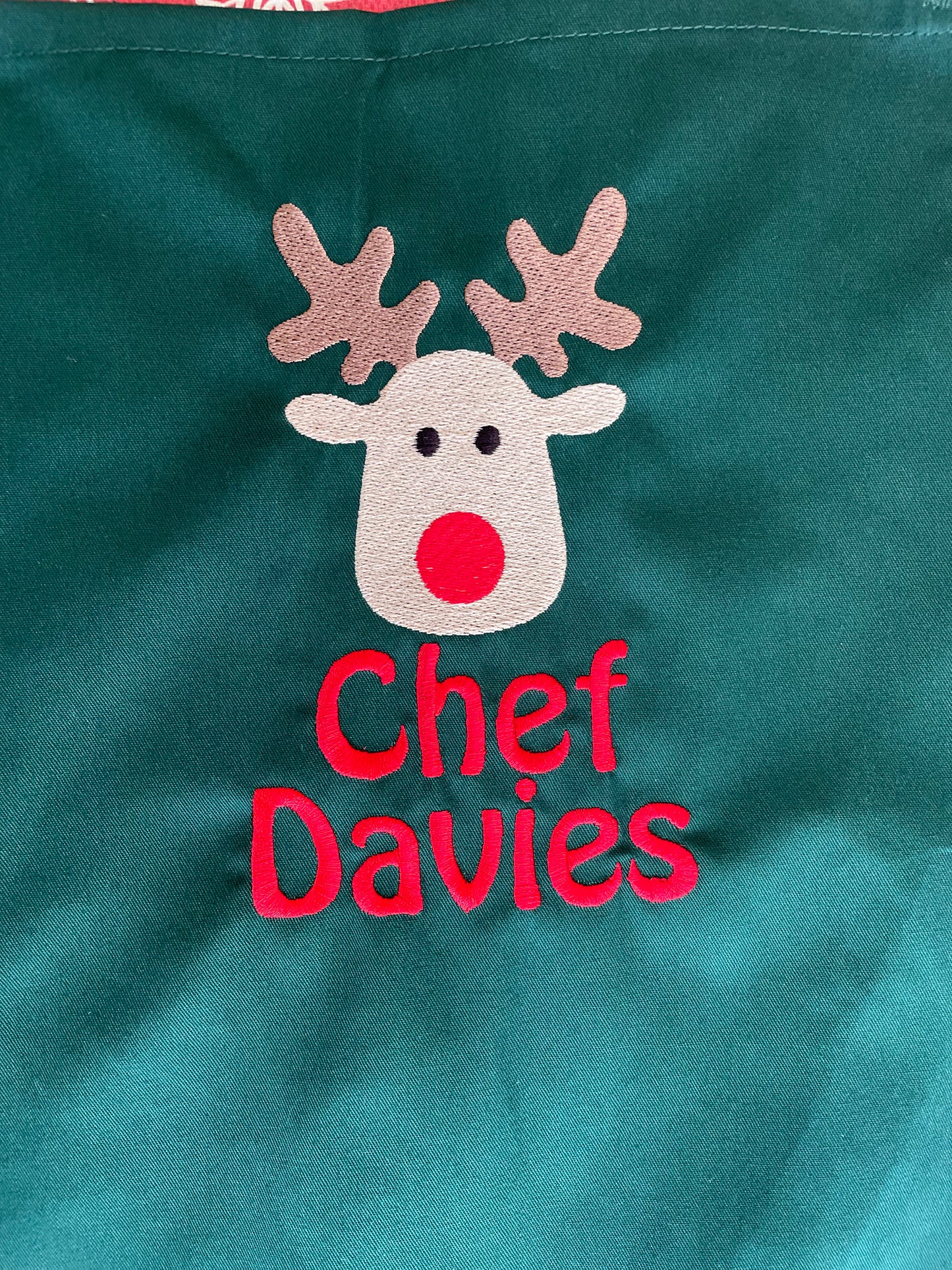 Christmas Embroidered apron, personalised with Rudolf & name. High quality