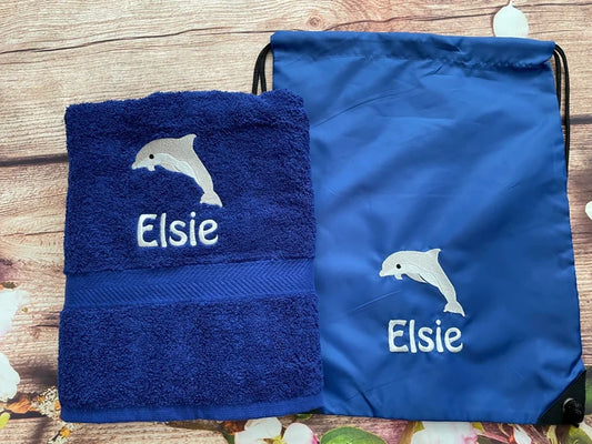 Embroidered swimming towel and bag set personalised dolphin design