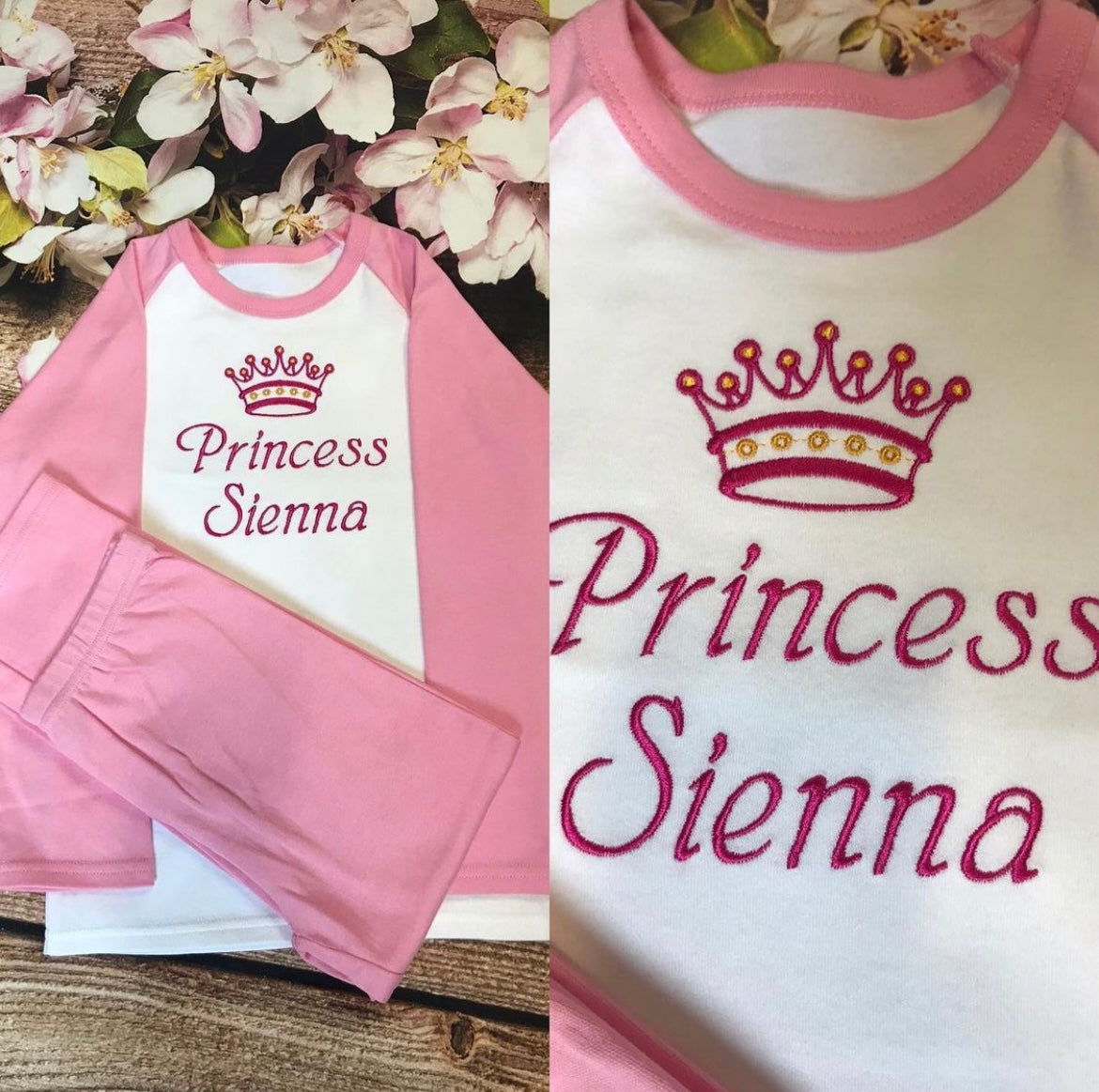 Personalised Embroidered 100% Cotton Prince Princess Pyjamas,  Christmas Present/Gift