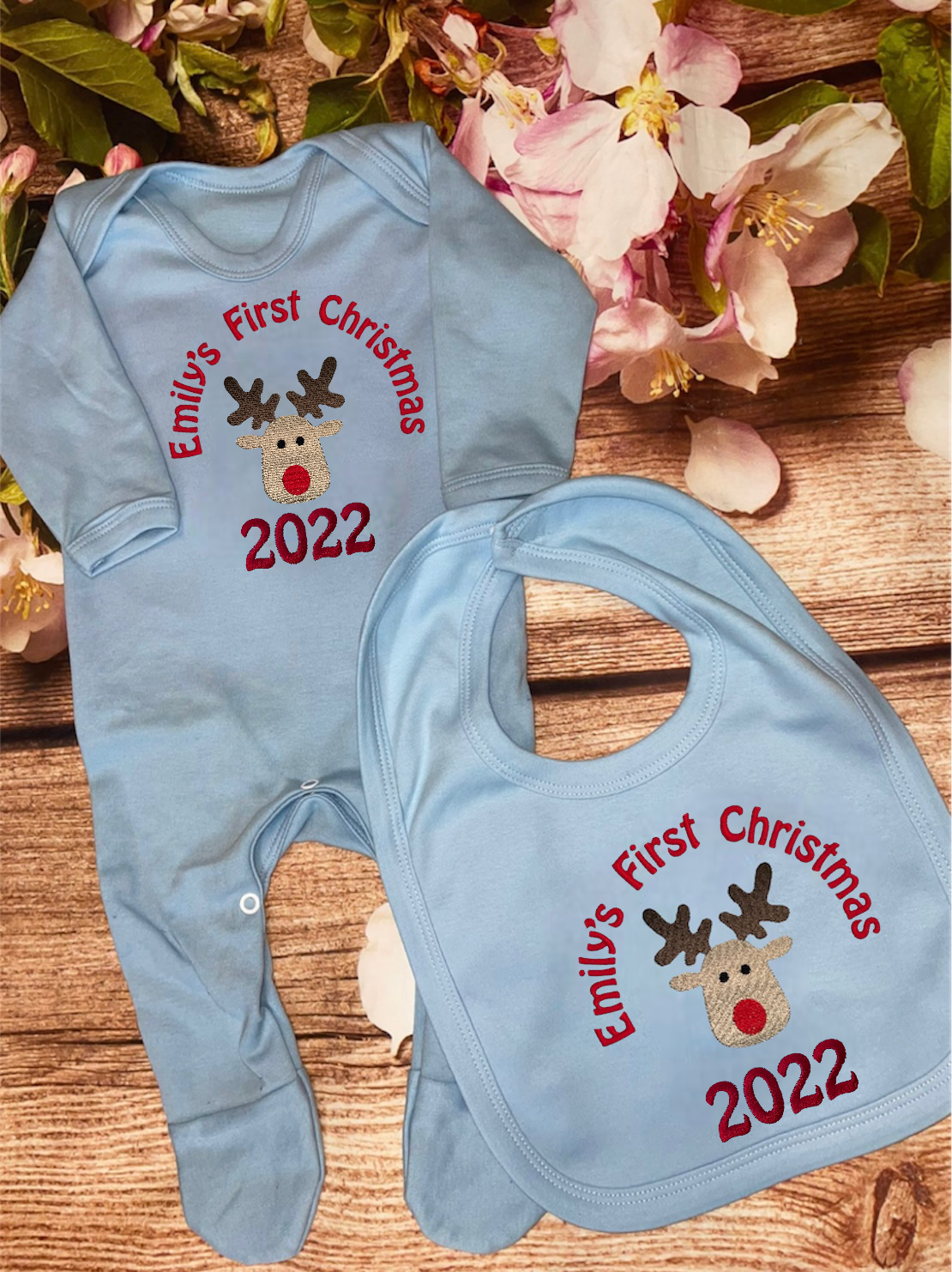 First Christmas bib / baby grow sleepsuit, embroidered & personalised with name. Choice of designs. Keepsake gift
