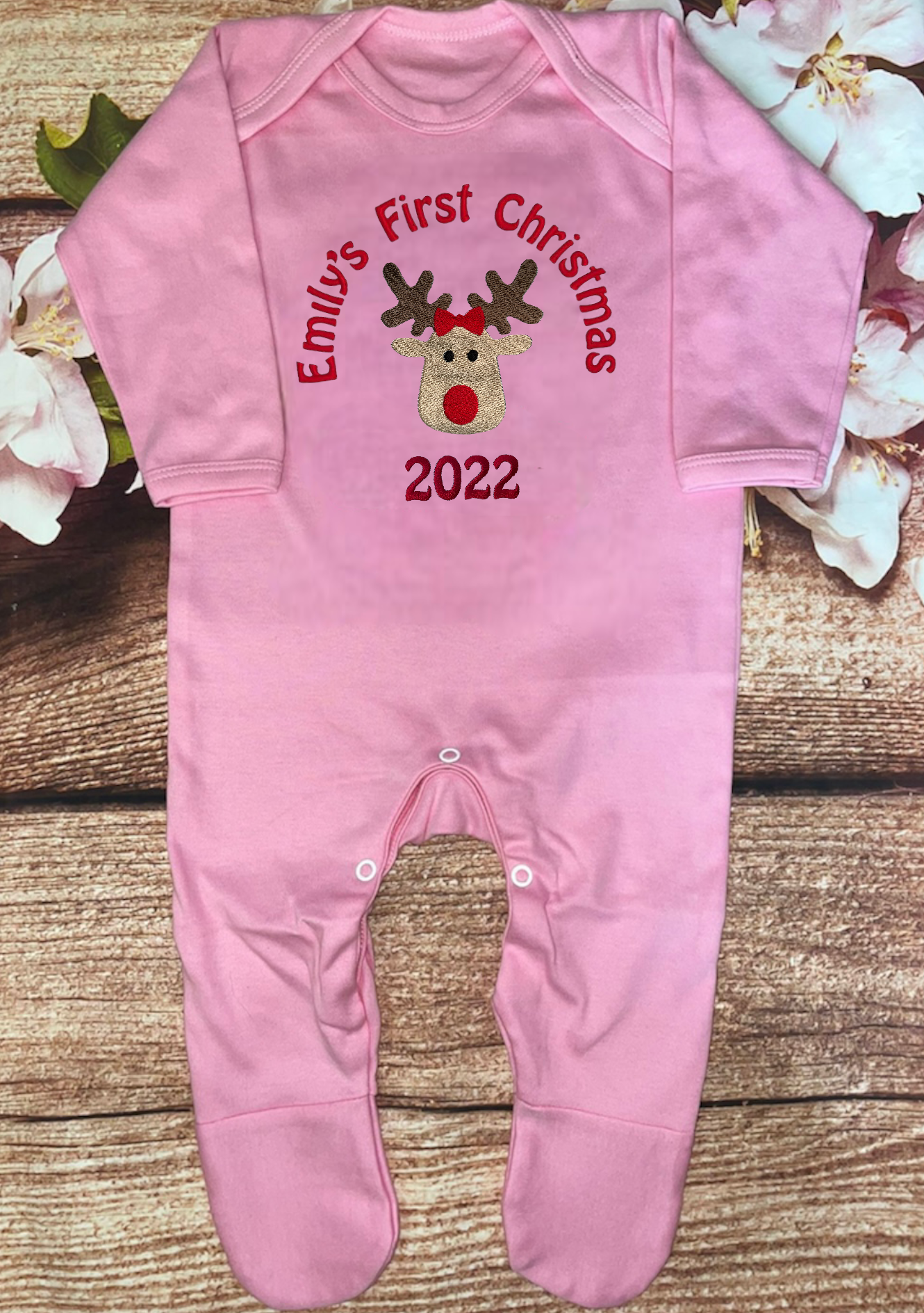 First Christmas bib / baby grow sleepsuit, embroidered & personalised with name. Choice of designs. Keepsake gift