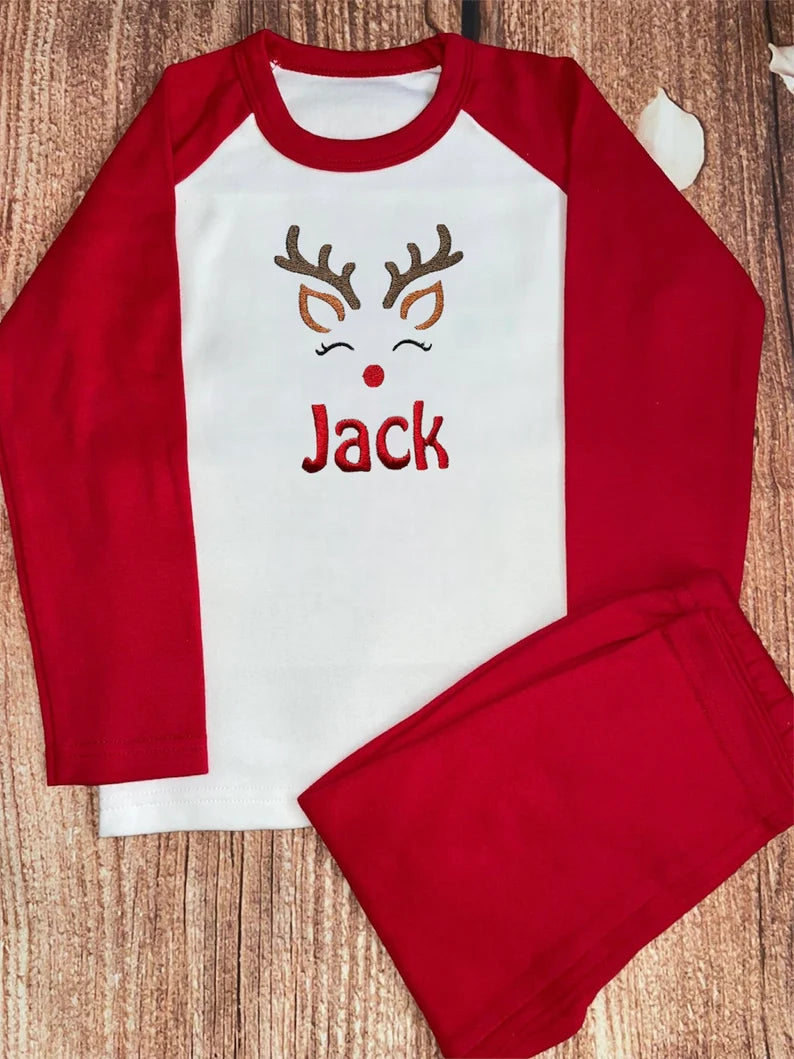 Sleeping reindeer Christmas pyjamas, embroidered & personalised with name. Matching, Gift, keepsake, high quality, soft, PJ's