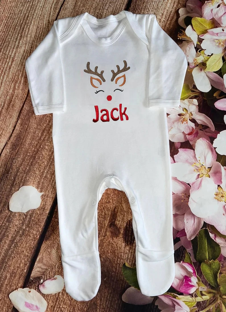 Sleeping reindeer Christmas pyjamas, embroidered & personalised with name. Matching, Gift, keepsake, high quality, soft, PJ's