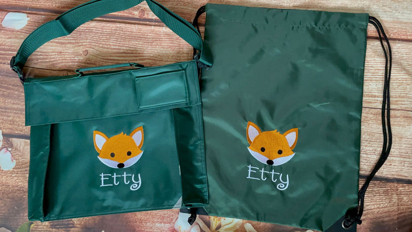 Set - matching book bag and pe bag for school. Personalised with name and motif.