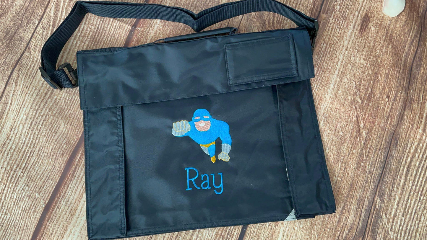 Embroidered Bookbag with strap- Superhero (Flying)