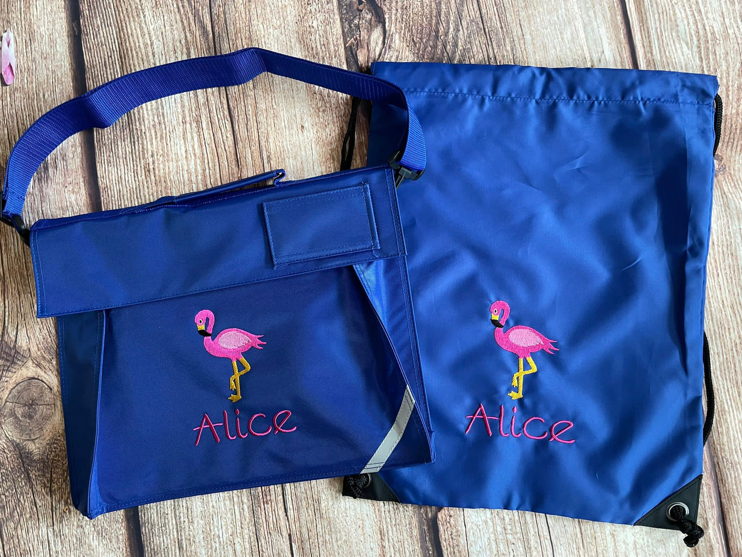 Set - matching book bag and pe bag for school. Personalised with name and motif.