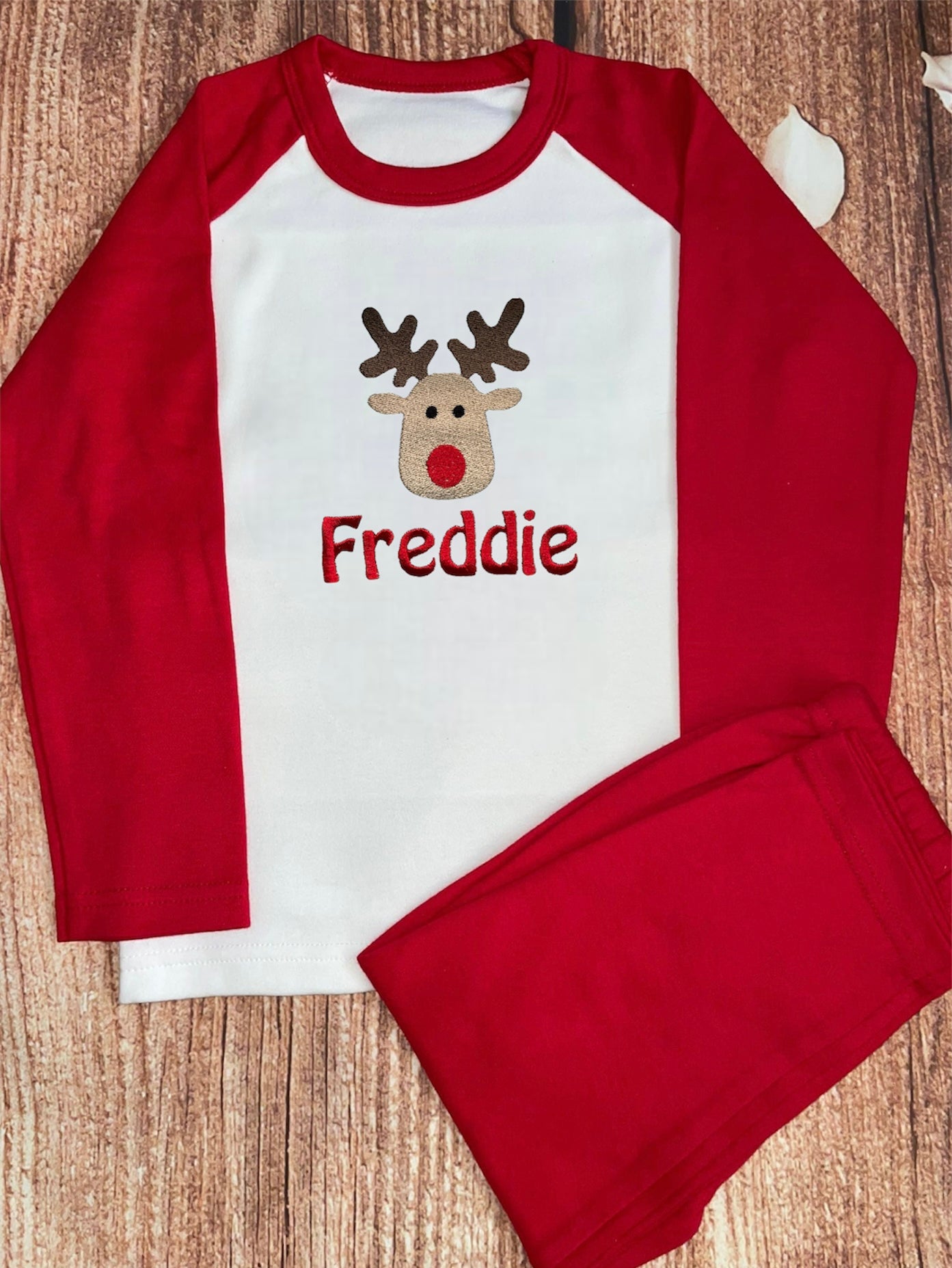Rudolf Christmas pyjamas, embroidered & personalised with name. Matching, Gift, keepsake, high quality, soft, PJ's